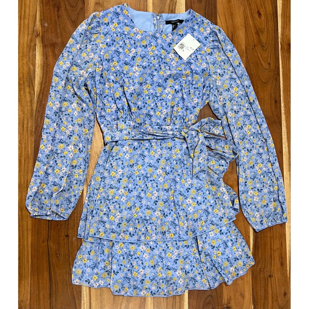 Forever 21 Womens L Floral Tiered Mini Dress Blue Long Sleeve Tie Waist NWT
